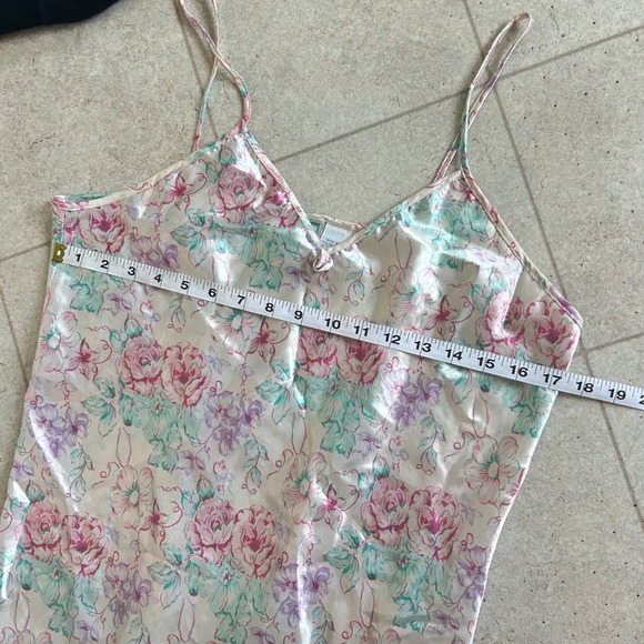 Vintage Intimate Moments Floral Slip Dress L Satin Pink Green Ruffle Hem - Picture 5 of 6